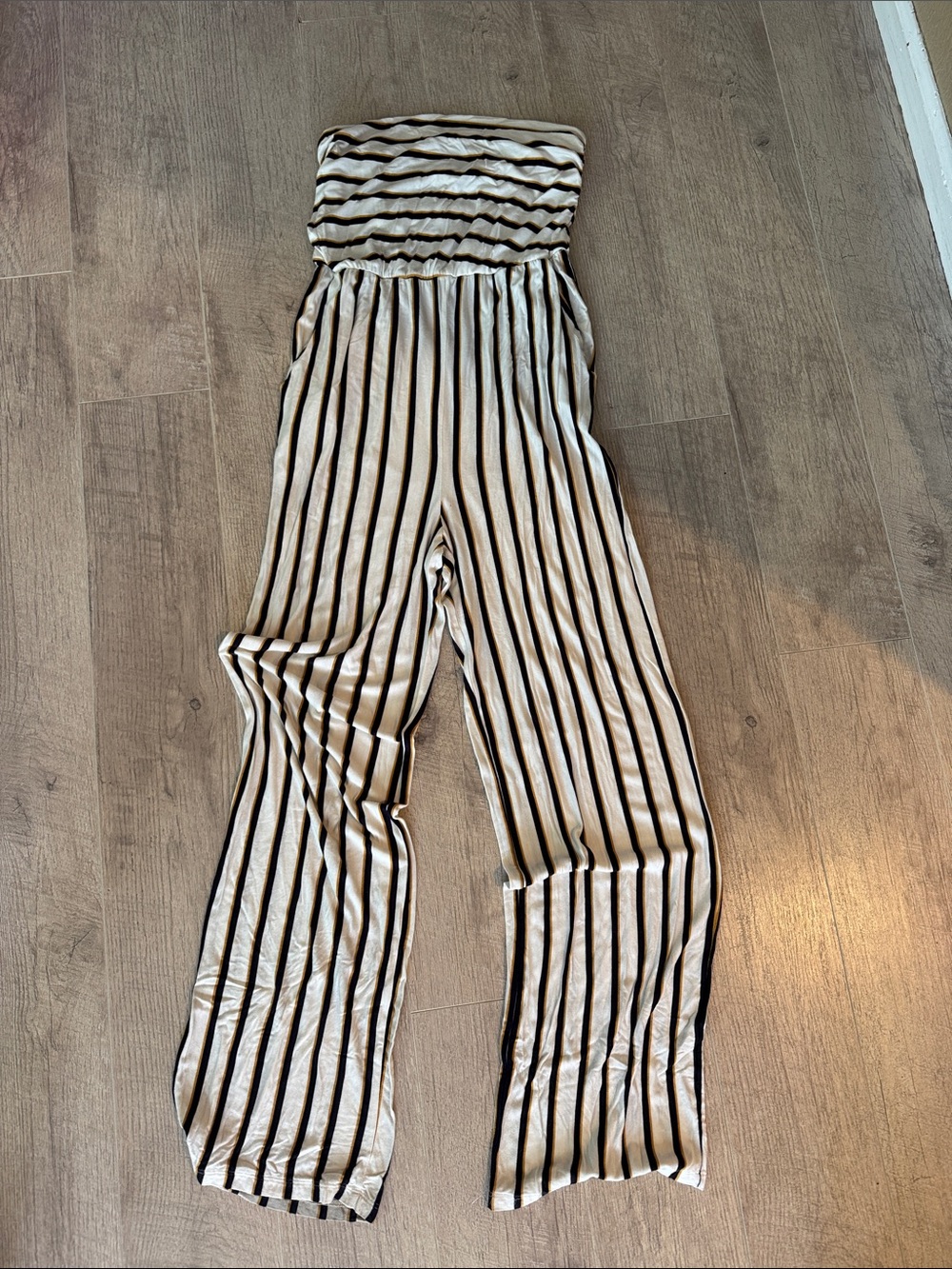Striped Wide-Leg Strapless Jumpsuit in Cream and Navy/Yellow stripes